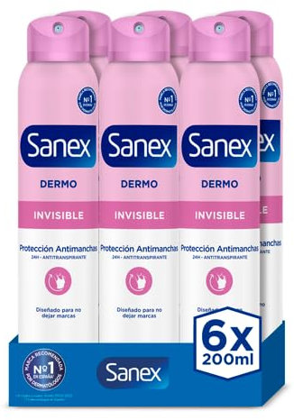 Sanex Dermo Invisible Desodorante Spray, Pack 6 Uds x 200 ml, Antitranspirante con hasta 72H de Protección contra el Sudor y el Olor, Protección Antimanchas, Restaura el pH Natural de la Piel
