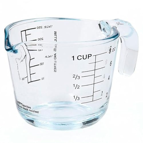 Jarra medidora con diferentes tipos de medidas, con capacidad de 250 ml, de 7,8 x 9 x 13 cm. Vaso medidor con asa válido para microondas horno o congelador, con dibujo para tomar medidas.