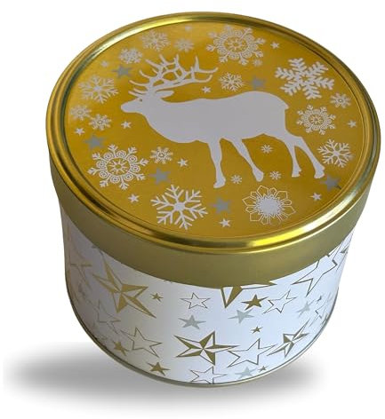 MediMuc Reno Gold – Preciosa lata redonda con estrellas, tapa con diseño de reno, apta para alimentos, lata de galletas