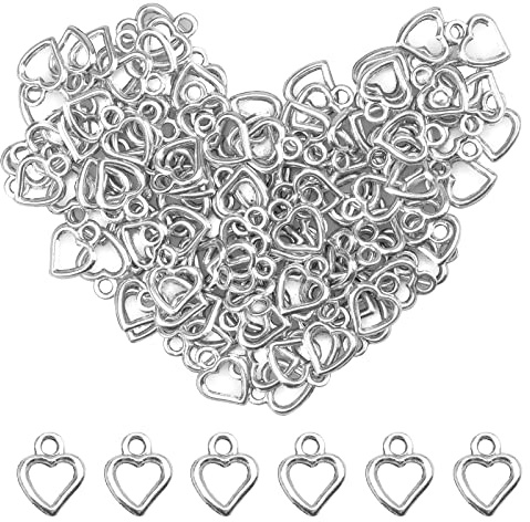 oupados Pack of 120 Heart Charms for Jewellery Making 10x10mm Heart Shaped Metal Pendants Dangle Charms for DIY Bracelets Necklace Supplies Silver(Hole: 3mm)