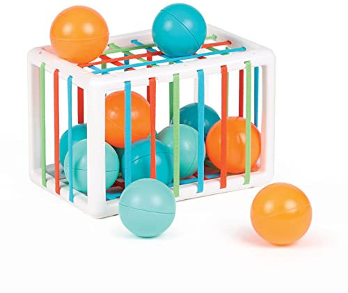 Ludi Babywürfel – Spielzeug für Babys – ab 10 Monaten – entwickelt Denken, Feinmotorik, Berührung und Entdeckung – 1 elastischer Würfel + 12 orangefarbene und Blaue Bälle mit lustigem Klang