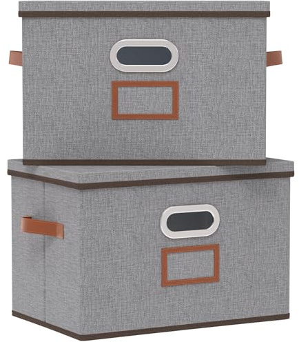 OUTBROS Cajas de Almacenaje con Tapa, 45x30x30cm, Juego de 2, Gris | Cajas decorativas para guardar ropa, Cestas Plegables de Almacenaje para estantes para el hogar y la oficina