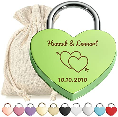 polar-effekt Liebeschloss Herz-Schloss Grün mit Wunschgravur - Motiv Herz mit Pfeil - personalisiertes Vorhängeschloss - Geschenkbeutel - Pärchen Geschenke - Jahrestag - Freundin, Freund