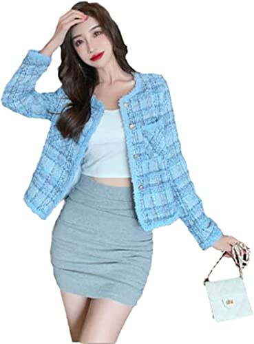 Veste en Tweed de Chambray pour Femme Veste en Tweed de Style Chambray Manteau Court français Vintage Manteau Slim à Carreaux pour Femme