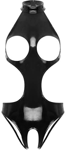 Freebily Damen Wetlook Body Brustfrei Latex Catsuit Kleid Ouvert Lackleder Bodysuit Nachtwäsche Pole Dance Nachtclub Outfit Schwarz M