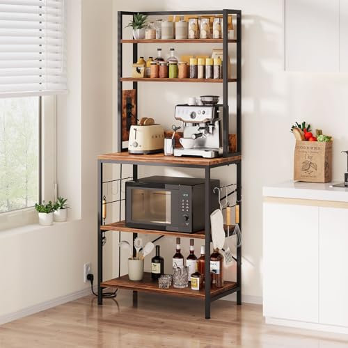 Dripex Küchenregal, 5 Etagen Standregal mit Steckdosen, Bäckerregal Freistehend Vintage, Mikrowellenregal, Organizer für Töpfe und Pfannen, 6 S-Haken, 70x40x165cm, Vintagebraun+Schwarz