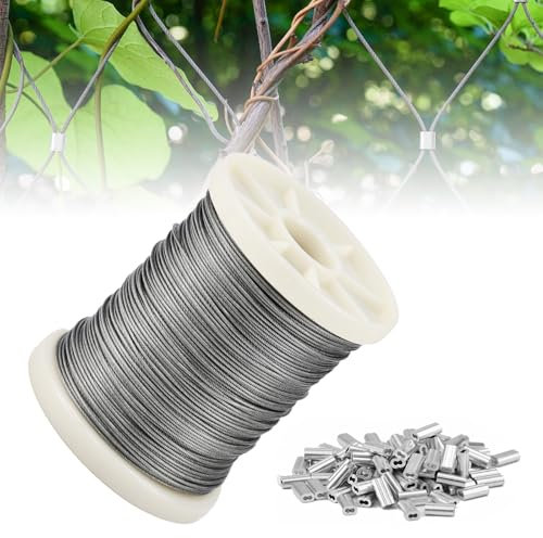 YBCCBY 1mm 304 Wire Rope, Stainless Steel Cable Rope, 100m Garden Wires for Climbing Plants, Aircraft Heavy Duty Cable with 100 Aluminum Crimping Sleeves for Fence Wires 7x7 Strand Core
