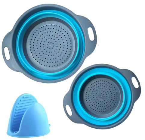 Collapsible Colander Set of 2 (1x Large, 1x Small), BPA Free Silicone Colanders with Handles, Sieve for Pasta, Rice, and Fruits - 2 Sieves and Strainers for Kitchen with 1x Silicone Mitt (3, Blue)
