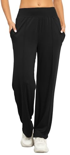 Famulily Ladies Black Trousers Elasticated Waist Wide Leg Joggers Stretch Palazzo Lounge Pants with Pockets (L, Black)