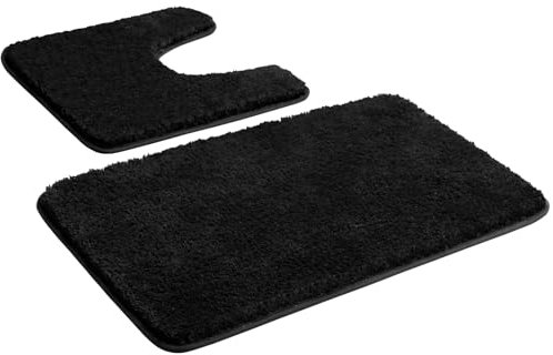 Myting Bathroom Mat Sets 2 Piece, Non Slip Washable Black Bath Mat, Soft Microfibre Bathroom Rug and Toilet Mat 50x80+50x50 cm