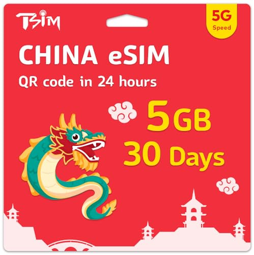 TSIM China eSIM 30 Days | 5GB High-Speed Data | Auto Activating | Hotspot Sharing Allowed | eSIM QR Code Sent by Email Within 24 Hours | Scan QR Code and Use Immediately | Data Only, No Voice.