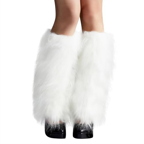 QEXUJOW Scaldamuscoli da donna,Scaldamuscoli in pelliccia sintetica da donna, scaldamuscoli invernali da donna per riscaldarsi in inverno, carnevale, festa a tema, costume (bianco 45 cm)