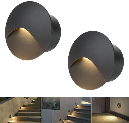Arotelicht Lampada da parete 2 LED in alluminio, bianco caldo, 3000 K, 3 W, illuminazione per scale IP44, impermeabile, 230 V, rotonda, da incasso, luci da incasso per interni esterni, colore: nero
