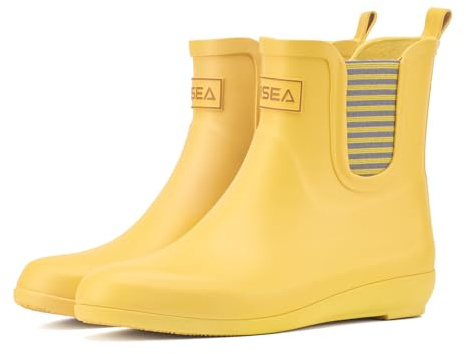 HISEA Rubber Rain Boots for Women Fashion Waterproof Chelsea Boots Short Ankle Garden Shoes Wedge Heel Anti-Slipping Rainboots for Ladies Outdoor Work Booties with Comfort Insole, Size 7 Yellow