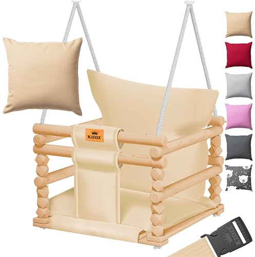 KIDIZ Columpio infantil para bebés a partir de 6 meses y niños pequeños hasta 3 años | columpio de madera regulable y asiento con acolchado | Columpio para interior y exterior, color beige