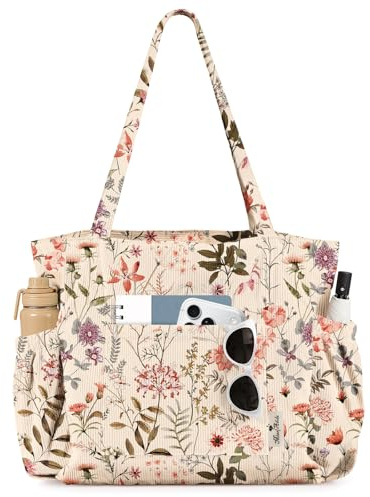 Miss Adola Corduroy Cute Tote Bag for Women - Large Capacity Multi-Pocket Shoulder Bag with Zipper for Work, Travel, and Shopping, Vintage Floral