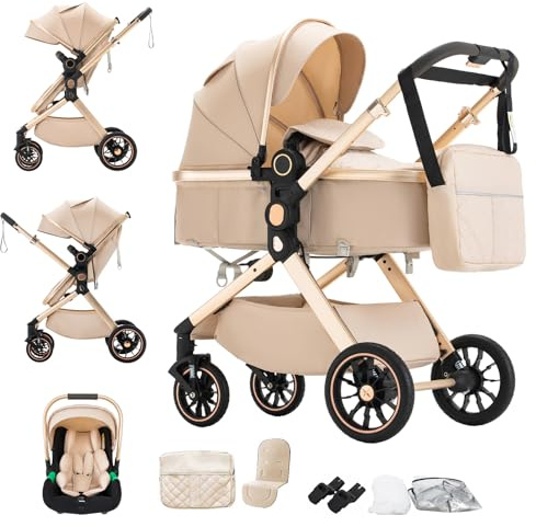 BEBBY Cochecito de bebé 3 en 1,Carrito Bebe 3 en 1 Con Asiento, Cochecitos Portátil Plegable Con, Carricoche Combinado Paisaje Alto Marco de Aluminio Para Recién Nacido (U9-X-BEIGE, U9-X)