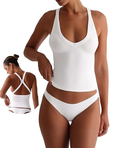 Xiaoliny Débardeur Femme Chic et Élégant Été Top Court Dos Ouvert Croisé Col en V Casual Hauts Sport sans Manches Sexy Y2K Tops Caraco Basique Confort Debardeurs Côtelé Extensible Moulante Camisole