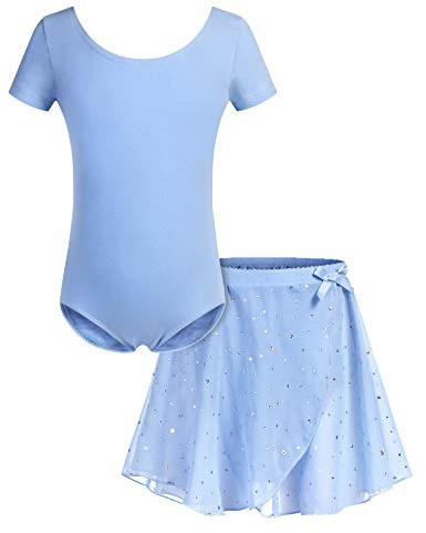Bricnat Vêtements de Ballet pour Filles Robe de Danse Enfants Justaucorps de Danse Robe de Danse à Manches Courtes avec Tutu Coton Bleu
