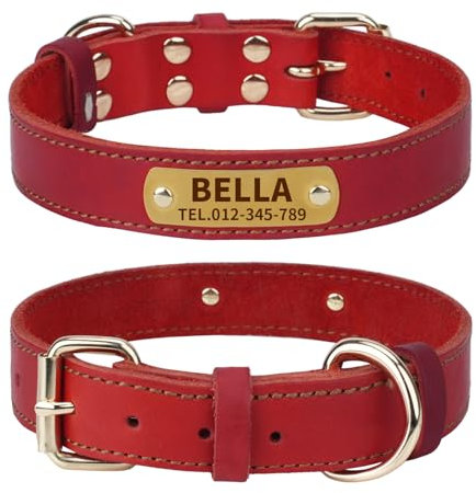 TagME Hundehalsband Personalisiert aus Leder mit Eingraviertem Hundename und Telefonnummer, Hundehalsband aus Echtem Leder für Mittlere Hunde