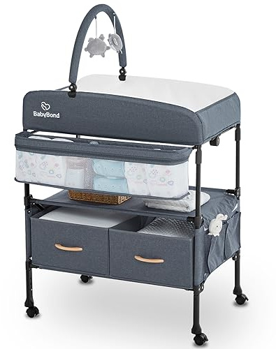 Bärbart skötbord med 2 förvaringskorgar, BabyBond hopfällbart skötbord, byrå, vattentät, skötbord, höjd, justerbar skötstation för spädbarn och nyfödd (grå)