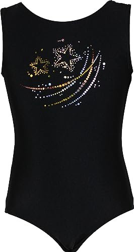 Gymnastikanzug Sterne Lycra Mädchen Turnanzug Kurzarm Kinder Turnbody kurzärmlich, Größe:134/140, Farbe:Lycra in Schwarz/STERNCHEN