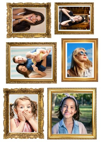 6 x Edible Icing photo frame cake topper decorations inc 6 YOUR photos- uncut - GOLD