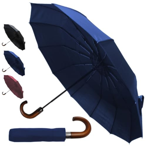 COLLAR AND CUFFS LONDON 80KPH Parapluie Pliant Solide avec 12 Baleines Femme Homme Compact - Resistant au Vent Automatique - Robuste Fibre de Verre - Poignée en Bois - Toile Aérée Pliable - Bleu
