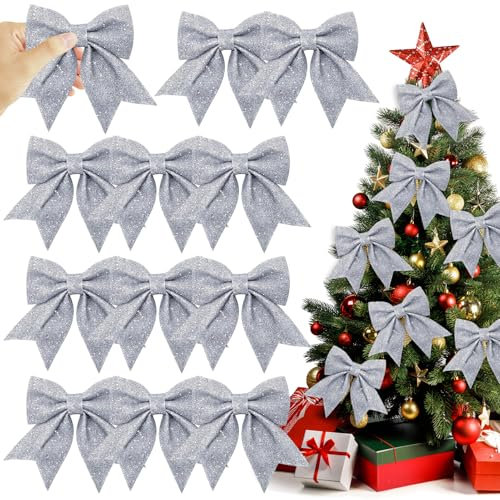 Weihnachtsschleifen,12 Stück 13x18cm Schleifen Weihnachtsbaum Silber,Weihnachtsbaum Schleifen,Glitzer Schlei-Fen weihnachtsbau-m deko,Weihnachtsbau-m Bogen Schleife,für weihnachtsdeko(Silber)
