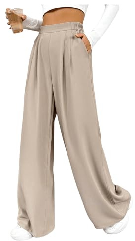 GORGLITTER Women's Elasticated Waist Wide Leg Trousers Pleated Oversized Plain Pants Straight Light Weight Bottom