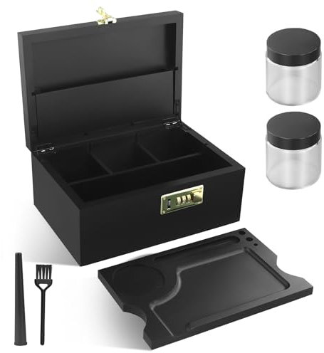 QCXWCJWD Large Bamboo Box with Combination Lock, 2 Jar & Brush Set Storage Box, Wooden Storage Set with Lock for Storage Items Decorative box for Home Great Gifts (BLACK)