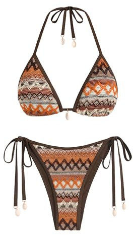 ZAFUL Women's Colorblock Stripes Triangle Halter Tied Textured Bikini Set
