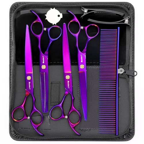Wenshall 7.0 Inch Dog Grooming Scissors Set Dog Straight Scissors & Thinning Scissors & Curved Scissors & Chunker & Comb Set of 5
