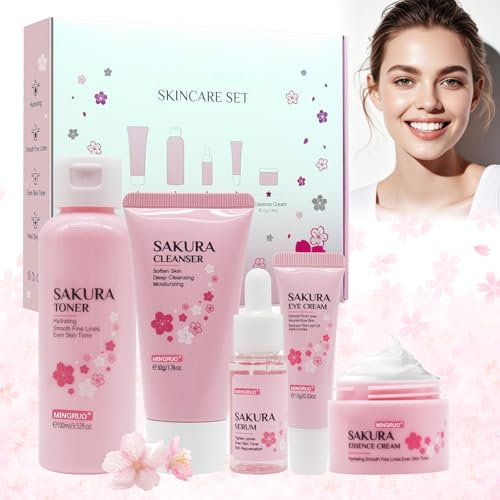 MINGRUO Set per Cura Della Pelle Del Viso Per Donna, Set per la cura del viso Sakura 5 pezzi, Set Regalo per la Cura Della Pelle, Set per la Cura Della Pelle Set Skincare Viso Completo Sakura