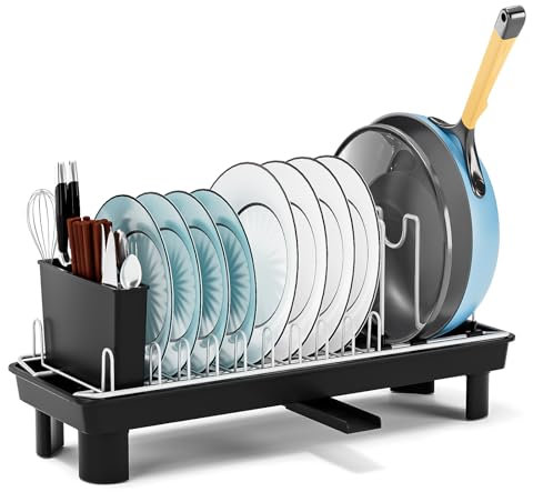 Gaethra Scolapiatti Da Appoggio Acciaio Inox, Scolapiatti Da Lavello Appoggio con Vassoio e Portaoggetti, Dish Drying Rack per Cucina, Campeggio e Camper 41 x 17 x 10 cm (nero)