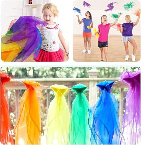 Chiffon Cloths - Pack of 12 60 x 60 cm Square Colourful Juggling Towels Silk Scarves Baby Swing Cloth Colourful Cloths Children for Dancing, Juggling, Sensory, Dance Towels