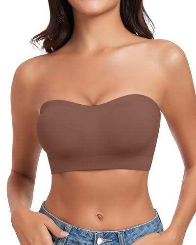 WOWENY Strapless Bandeau Bra Padded for Women Seamless Non Wired Bralette Boob Tube Non-Slip Silicone Bras with Transparent Straps(Brown, L)