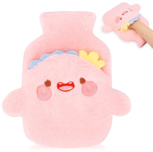 Meetory Botella de agua caliente con funda, bolsa de agua caliente a prueba de fugas de 1 litro con bonita funda rosa acogedora para cuello, hombros, alivio del dolor de espalda, calentador de manos y