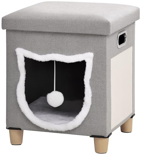 PawHut Casetta per Gatti con Tappetino Tiragraffi, Cuscino Lavabile e Pallina Giocattolo, Cuccia Gatti in MDF, Tessuto Effetto Lino, Peluche e Sisal, 35.5x35.5x42.5 cm, Crema e Grigio