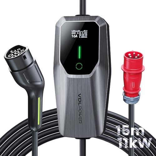 VDLPOWEREU Cargador de Coche Eléctrico 11kW Trifásico Tipo 2 CEE Socket (5 Pin) EV Cargador Wallbox Estación de Carga Móvil Ajustable 6-16A 15 Meter, Cable de Carga Compatible con EV PHEV