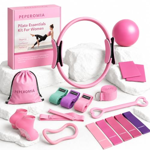 Pilates Ring Set for Women | 18-Piece Kit with Magic Circle, Resistance Bands, Mini Ball, Yoga Strap, Thigh Toner & Grip Socks | Carry Bag Included | Home Equipment for Strength & Flexibility