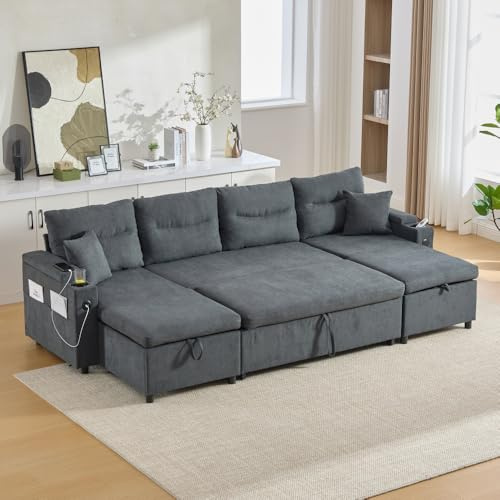 Lubvtti Divano letto 4 posti con portabicchieri,porte USB,contenitore integrato, divano 4 posti moderno in Lino,divano angolare a U con chaise longue (Grigio scuro + 4 posti)