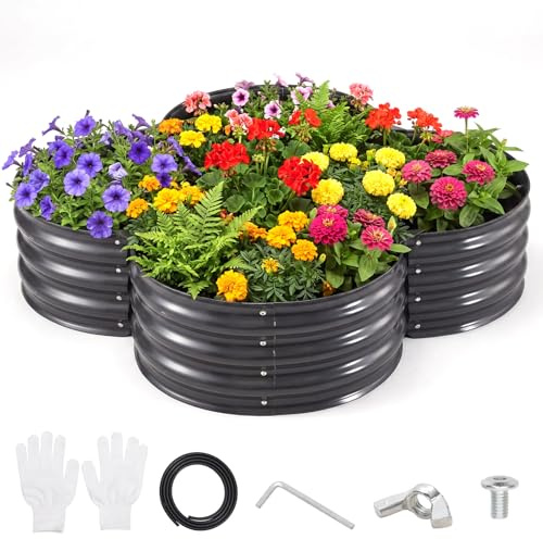 Warmiehomy Metal Raised Garden Bed with Safety Edging, Flower-shape | Thickened Galvanised Steel Planter Box with Open Bottom for Growing Vegetables, Fruits, Flowers, 130 x 130 x 28cm, Black