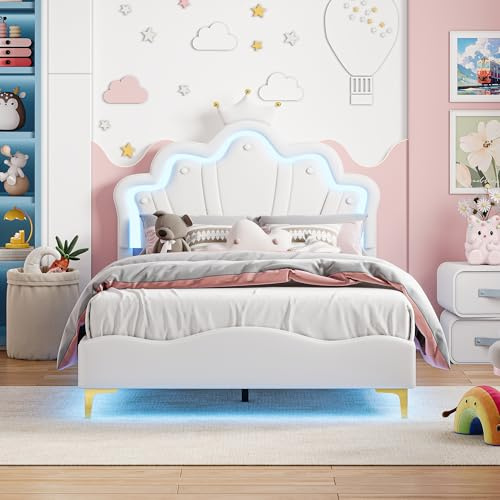 KOOPMAD Vadderad barnsäng, 140 x 190 cm, prinsesssäng för flickor med LED, enkelsängar med justerbar sänggavel och ribbotten, 1 person, för barn och vuxna, PU, utan madrasser (vit)
