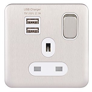 Schneider Electric GGBL30102USBAWSSS Schneider Electric Lisse Screwless Deco 1G 13A Sw SO SP w/ 2USB WSS, 240 V, Stainless Steel