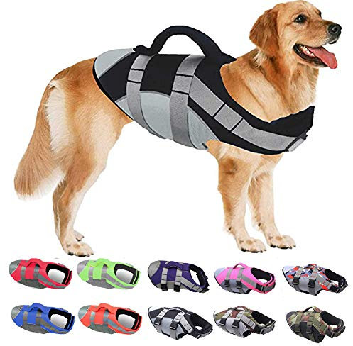 PJDDP Schwimmweste Für Hunde,Hundeschwimmweste,Ripstop Reflektierend Rettungswesten Für Hunde Mit Überlegenem Auftriebs Und Rettungsgriff,Schwimmmantel Schwimmtraining Für Hunde,Schwarz,XL
