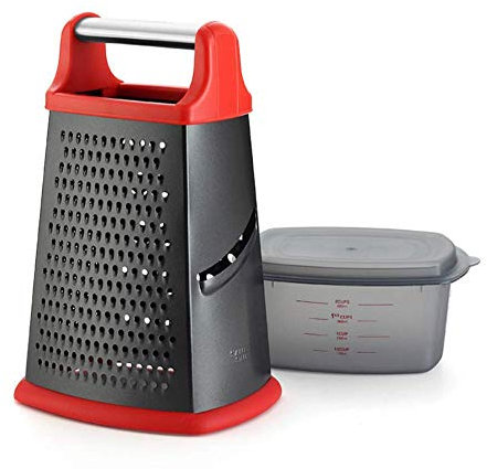 Grattugia quadrata grattugia per formaggio, acciaio inossidabile, antiaderente su 4 lati con contenitore - grattugia/affettatrice/zester Compreso contenitore di misurazione e coperchio montati,