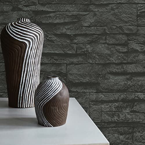 TADESSI Papier peint 3D aspect pierre | Vicco M1-No.851 | Noir foncé | Papier peint non tissé pour le salon