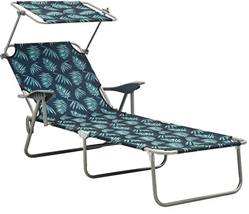Mogou Sonnenliege mit Sonnenschutz Stahl Blattmuster, Gartenliege, Liegestuhl, Sonnenstuhl, Sonneninsel Outdoor, Liegen, Gartenmöbel, Bäderliege, Relaxliege,
