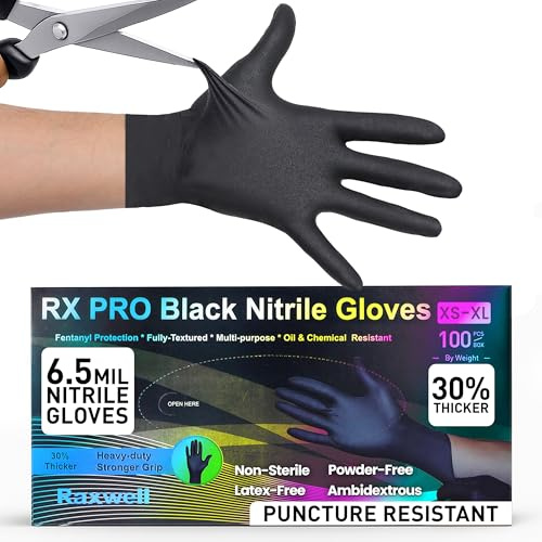 Raxwell Heavy-Duty Disposable Nitrile Gloves - Food-Grade Kitchen & Cooking Gloves - Chemical-Resistant & Powder-Free Latex-Free Nitrile - Large, Black, 100 Count, 6.5 mil